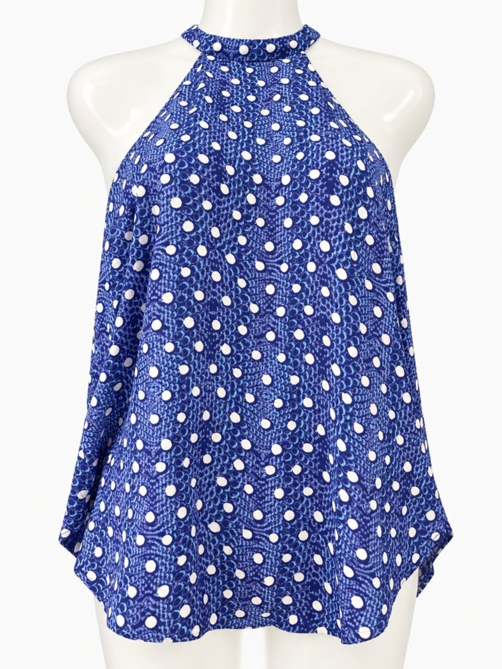 Dynamite Blue Polka Dot Halter Mini Dress Open Back Gold Zip Size S